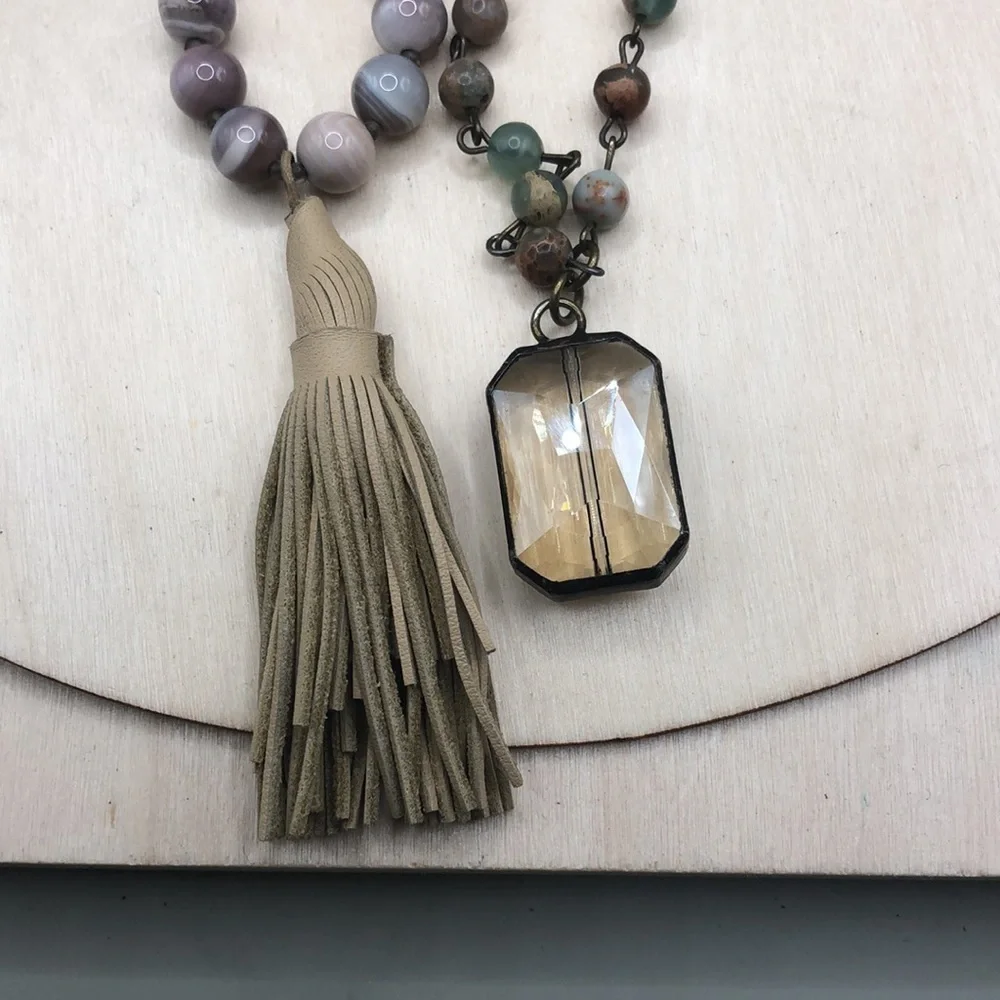 Curated bundle 2 stone/gemstone boho statement style necklaces.